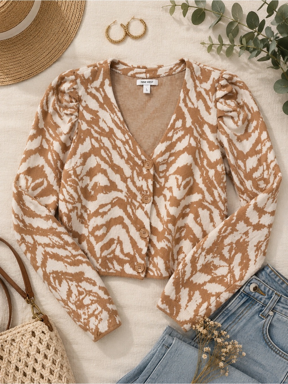 Nine West Zebra Print Puff Sleeve Cropped Cardigan Sweater Size Large